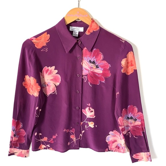 Lord & Taylor 100% Silk Floral Longsleeve top,Sz 2 - Picture 1 of 6